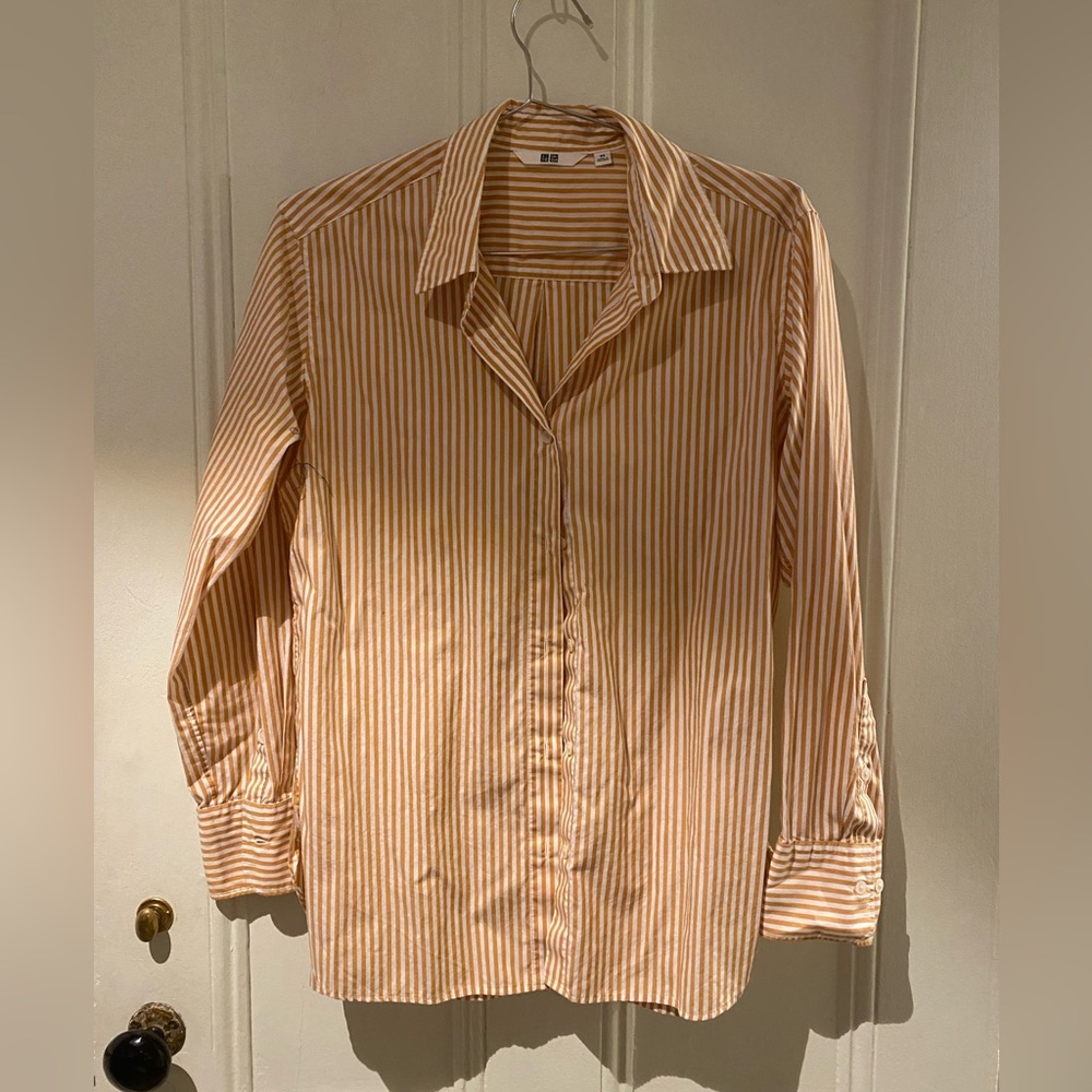 Uniqlo Men's Striped Tan Button Down Shirt